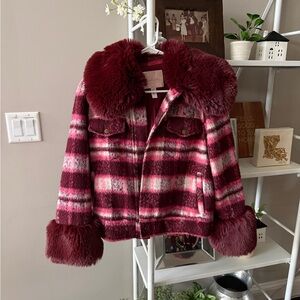 Anthropologie Hutch Burgundy Plaid Faux Fur Collar & Cuff Jacket, XS
